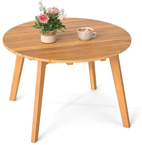 GOPLUS Beistelltisch Holz, Runder Gartentisch mit Lattenrost-Tischplatte, Kleiner Holztisch aus Akazienholz, wetterfester Balkontisch, Kaffeetisch für Garten, Balkon & Terrasse, 62 x 62 x 40 cm