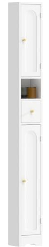 HOMCOM Badezimmerschrank Hochschrank mit Schublade 20 x 20 x 185 cm Weiß | Schmaler Badschrank, Gewölbte Türen, Offenes Fach, Verstellbare Ablage, für Badezimmer, Küche