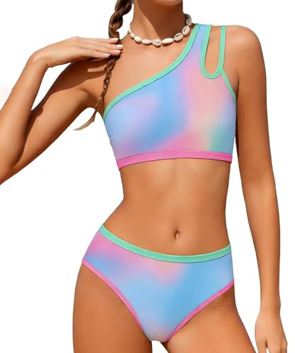 Bikini Bambina Due Pezzi con Top Monospalla e Slip Abbinato Colori Vivaci Minimalista Costume da Bagno Design Sportivo Bikini Ragazze per Nuoto Spiaggia Vacanze e Attività Acquatiche 7-16 Anni