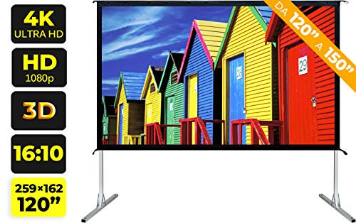 Schermo Proiezione Trasportabile (120 Pollici) 250cm Formato 16:10 259x162 2 metri e mezzo Leggero e Ripiegabile Schermo proiettore 2mt Telo Proiettore Retro Schermo Videoproiezione 3 mt FullHD 4K 3D