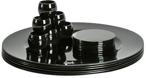 Argon Tableware Metallic Charger Plates, Coasters & Napkin Rings Set - Black - 18pc - 33cm - Reusable Dining Table Setting Plates Drink Placemats Napkin Holders for Christmas, Party Celebrations