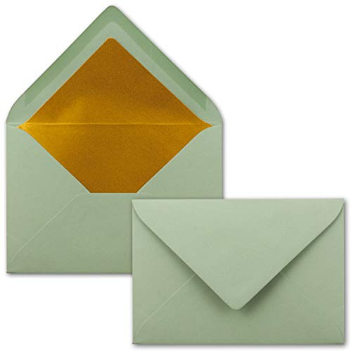 25x Briefumschlag DIN C6 - Eukalyptus mit Goldfutter | Edle C6 Kuverts mit Nassklebung - 11,4 x 16,2 cm - Metallic-Fütterung, matte Oberfläche, ohne Fenster - ideal für Einladungen