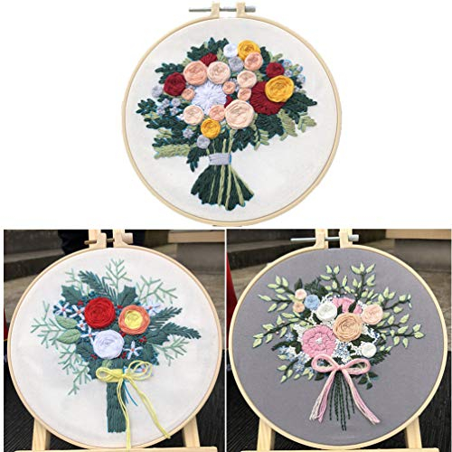 Abillyn Stickerei-Starter-Set, Rosenstrauß, geprägt mit gedrucktem Muster, Kreuzstich, Stickset (3 Stück)