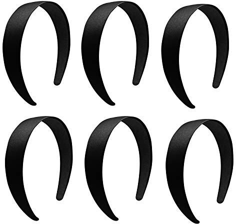 BallHull 1.2 Inch Satin Headbands, Ladies and Girls Antiskid Hard Hair Bands, DIY Hair Headbands, 6 Pcs Black.
