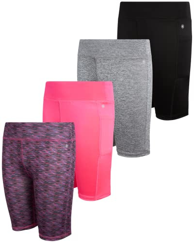 dELiA*s Cyklingsshorts för flickor, 4-pack atletiska kompressionsshorts med hög midja för flickor, för dans, yoga, gymnastik (7–16), Svart/rymdfärgning/grå/rosa, 14-16