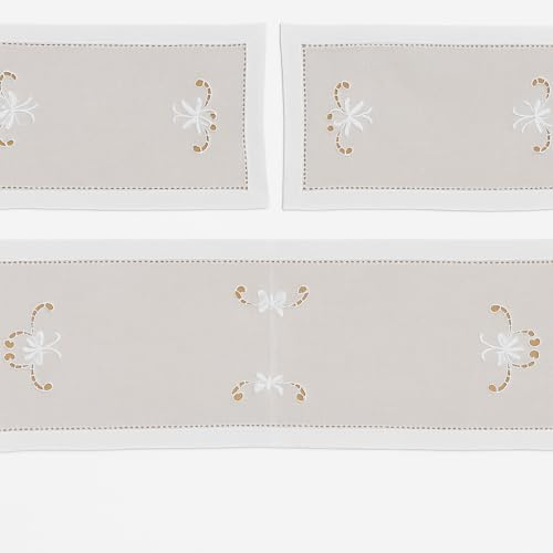 Corredocasa Set Centro Centrini Runner Copritavolo da Sala Ricamati Eleganti e Raffinati Ottima Manifattura Misto Lino Disponibili in Pizzo o Macrame' o Tulle (Panna, Set 3 Pezzi Intaglio)
