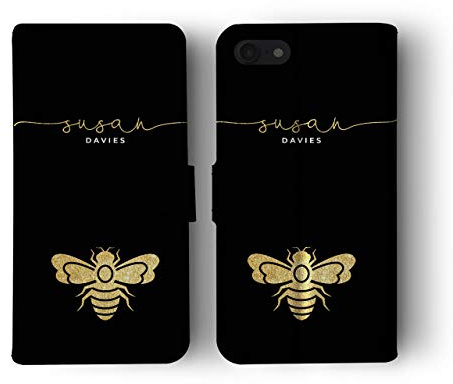 Tirita Personalised Leather Flip Wallet Phone Case with Card Holder Compatible with iPhone 13 - Honey Bees Gold Sequin Effect