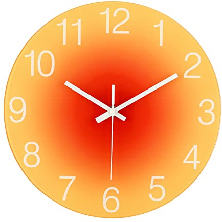 Topkey 12 Inch Silent Glass Wall Clock Easy Readable Big Numbers Non Ticking Round Stylish Gradient Modern Decorative Clock for Home Bedroom Living Room Dining Room Kitchen and Office -Orange