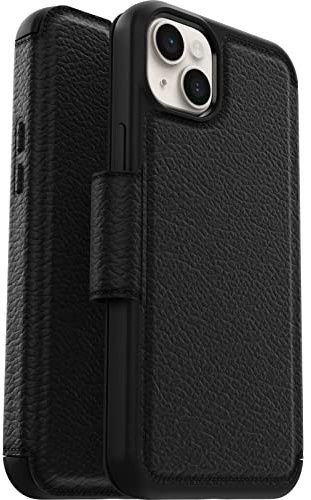 OtterBox Strada skal för iPhone 14 Plus, stöttåligt, fallsäkert, premiumläder skyddande folioskal med två korthållare,testad till militärstandard x3, Svart
