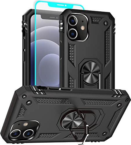 Aozuoton for iphone 12 Case, iphone 12 Pro Phone Case with HD Screen Protector, [Military Grade 16ft. Drop Tested] Ring Shockproof Protective Phone Case for iphone 12 Black
