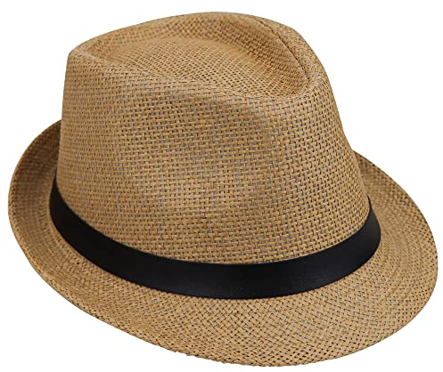 Caysep Herren & Damen Strohhut Fedora Sommer Strand Sonnenhut Panama Hut Trilby Hut mit schwarzem Band, khaki, Einheitsgröße