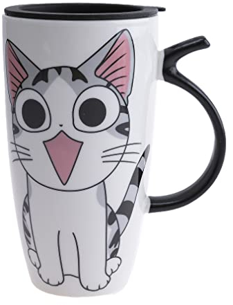 lachineuse – Taza de gato Kawaii Happy 600 ml – Taza grande XXL blanca de porcelana – Taza japonesa de té y café – con tapa isotérmica – Taza ideal para regalo de Japón Asia – Taza gigante