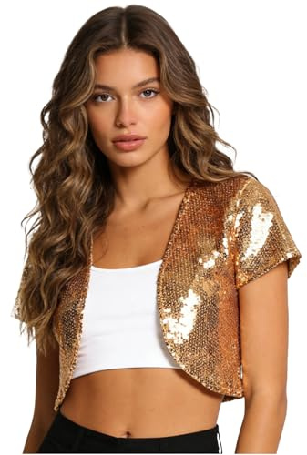 CHICTRY Bolero Damen Festlich Pailletten Jacke Blazer Glitzer Kurzarm Open Front Cardigan Top Kurz Hochzeit Braut Schal Brautjacke Silvester Outfit