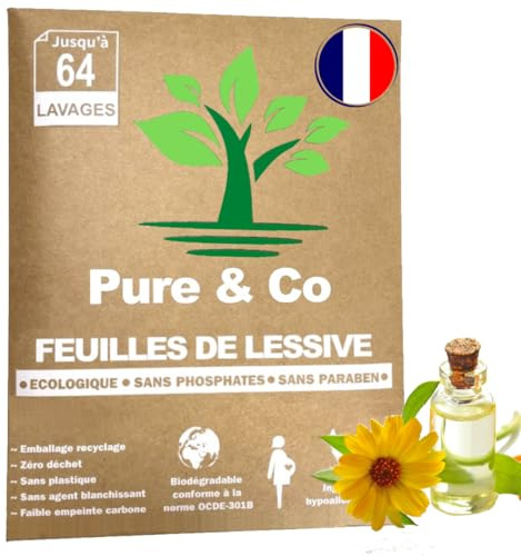 PURE & CO Lessive Feuilles Verte Ecologique, Bio, Bebe, Voyage, Machine à Laver, Main, Magique, Poudre, Hypoallergénique, Lingette, Concentrée, Parfum naturel Huiles Essentielles