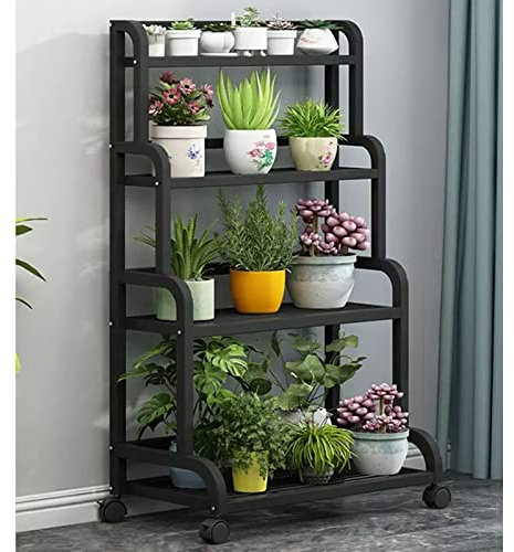 HczioN Robuster Pflanzenständer aus Metall, mit feststellbaren Rädern | 4-stufiges Leiterregal für Blumentopf-Ausstellung, Mehrzweck-Pflanzgefäß-Aufbewahrungsregal für Balkon, Wohnzimmer, Garten (G