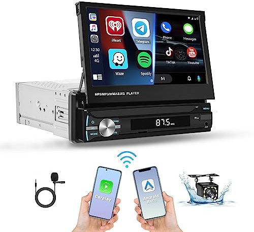 Hikity Autoradio 1 Din avec Wireless Carplay & Android Auto 7 Pouces Écran Tactile Poste Radio Voiture Bluetooth avec Lien Miroir Radio FM/AM USB Type-C Mic Commande au Volant Caméra de Recul