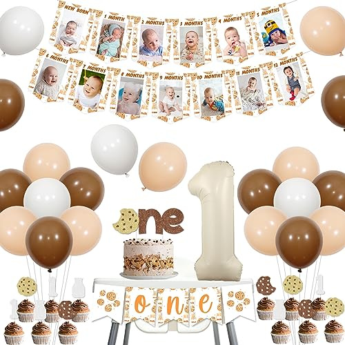 Milk and Cookies 1st Birthday Party Decorations, Cookie 1st Birthday Party Decor One High Chair Banner Photo Banner Apricot Balloon Cake Cupcake Toppers Number 1 Foil Balloon for Boys Girls