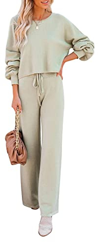 Sovoyontee Damen Langarm Kurz Top Sweatsuit Trainingsanzug Strick Pullover Loungewear Weitem Hose 2-Teiliges Set Grün S