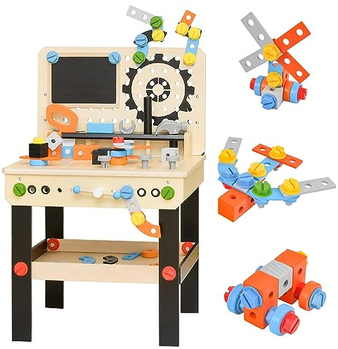 RELAX4LIFE Banco da Lavoro per Bambini, Banco degli Attrezzi in Legno con Lavagna, 6 Attrezzi e 75 Accessori Giocattoli, Mini-Lavoratori, Bambini 3+ Anni