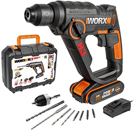 WORX 20V Cordless Hammer, PowerShare, 3 Tools in 1, Drill, Driver and Hammer, 2.0A Charger and 2Ah Battery, LED Light, Portable and Lightweight