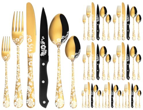 XIAOYU Ménagère de Couverts 48 Pièces avec Couteaux à Steak, Ménagère en Acier Inoxydable pour 8 Personnes, Cuillères Fourchettes Ensemble de Couteaux avec Laser Fleur de Pivoine Unique, Or