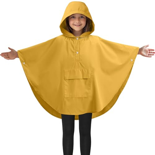 JEMIDI Kids Rain Poncho - Waterproof & Breathable - Exciting Water-Reaction Pattern & Unisex Design - Includes Front Pocket & Carry Bag - Yellow, Medium Size (6-10 Years)