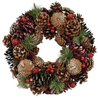 Christmas Decorations Weihnachtskranz 33cm Zapfen mit Glitzer 1 Stück - Deko Kranz für Winter und Weihnachten - Zapfenkranz Dekokranz Türkranz Wandkranz - Winterdeko Weihnachtsdeko - Braun Rot