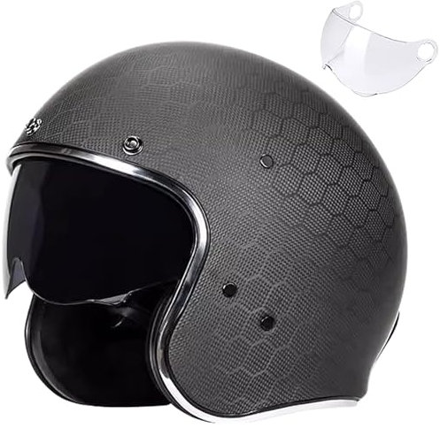Retro 3/4-Motorradhelm Carbon Jet-Helm Chopper Motorrad-Helm ECE-Zulassung Vintage Open Face Motorradhelm für Scooter Moped ATV Street Bike Football-A,M=57-58CM