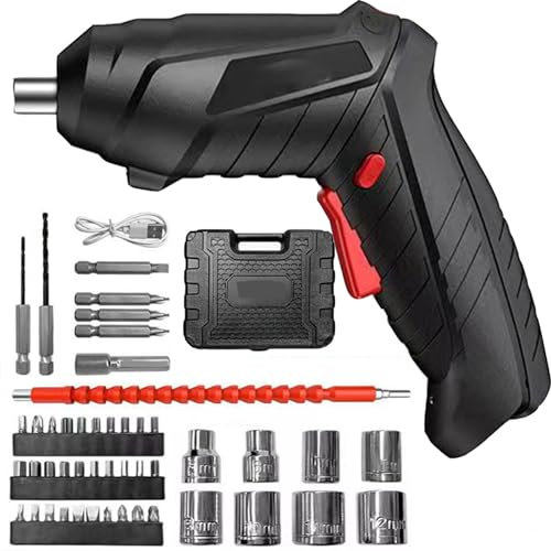 Destornillador eléctrico de 3,6 V, taladro inalámbrico portátil, destornillador de batería 47 en 1, inactivo durante 60 minutos, el taladro gira 90 grados, con luz de trabajo LED y cargador