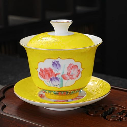 kaixiaochai Tetera de cerámica con colador, Juego de Taza de té y platillo, Juego de Taza de té a Granel, Taza de té de cerámica, tazón de cerámica, infusor de té sopera (Amarillo)