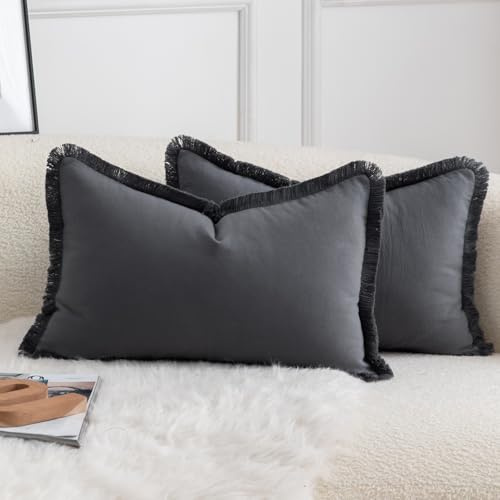 Mandioo 2er Set neutralen Baumwolle Quasten Kissenbezug 30x50cm Dekorative Kissenbezüge Dekokissen Boho Sofakissen Kissenhülle für Couch Sofa Schlafzimmer Wohnzimmer Heimdekoration Grau