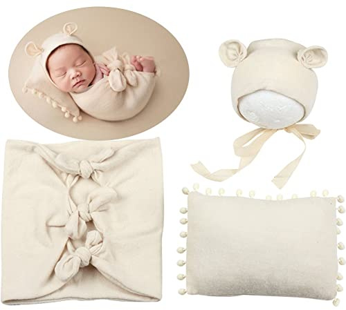 Keuyeo Newborn Photography Wraps for Boy Girl Photoshoot Newborn Photography Props Outfits Baby Knit Wraps Posing Pillow Bear Hat Set Photo Studio Shoot Accessories