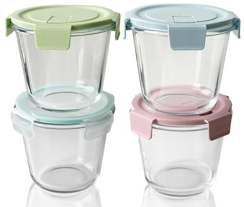 Glass Food Storage Soup Containers with Lids set 4, Meal Prep Reusable Airtight Round Lunch Bowls Boxes, Kitchen Cooking Pantry Organizers Breakfast Porridge Pots, Suitable for Microwave Freezer
