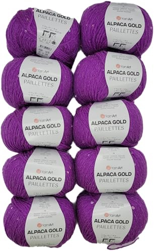 10 x 50g Alpaca Gold Paillettes Strickwolle einfarbig mit Pailletten, 500 Gramm Paillettengarn, Paillettenwolle 20% Alpaka-Anteil, Effektgarn, Strickgarn (lila 9308)