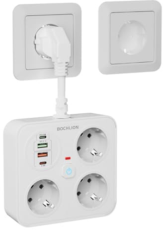 Steckdosenleiste mit 4 USB, BOCHLION 3 Fach Mehrfachsteckdose Überspannungsschutz, Steckdosenadapter mit PD20W QC3.0, Mehrfachstecker Steckerleiste Verteilersteckdose 3250W/13A für Büro, Hause-Weiß