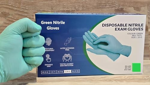 100 Disposable Green Nitrile Gloves– Latex & Powder Free – Healthcare, Food, Hair, Beauty, Lab, Pharmaceutical, Biotech, Cleaning, Mechanical, Emergency Services, Agriculture, Science, Home, Kitchen
