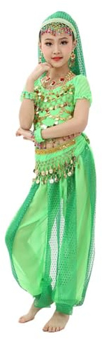 Children's Girls Belly Dance Costumes Kids Belly Dancing Cloth Kids Indian Cute Dance Costume Children's Day Sequin Outfits Girls Latin Dance Costumes Suitable for Stage (Green, 9-10 Years)