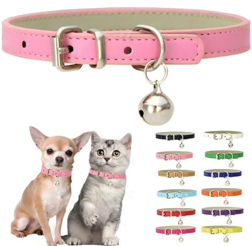 Pink Small Dog Collar With Bell, Pu Leather Cat Collar With Bell Soft Dog Collars For Small Dogs Adjustable Buckle For Tiny Teacup XXS Extra Small Female Girls Kitten Puppy Pets Like Chihuahua, S