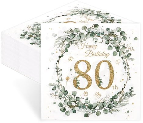 finemark Lot de 60 serviettes d'anniversaire jetables en papier vert eucalyptus pour 80 ans, décoration de table pour 80e anniversaire, vert sauge, vert menthe