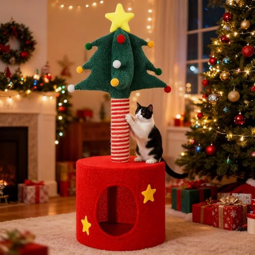 SilTriangle Torre de árbol de Navidad para gatos de 33 pulgadas con poste rascador, casa de gato, cama de condominio para adultos, gatos, gatos pequeños, centro de actividades