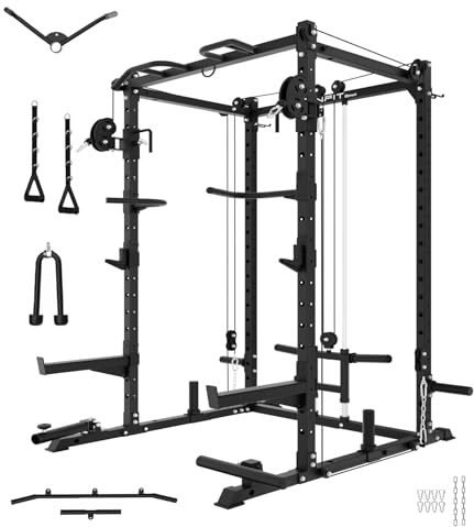 Eonfit E2 Power Cage - Multi-Functional Power Rack for Home Gym. 1500lb Squat Rack for Home Gym. Pulley System for Cable Crossover & LAT Pulldown (Black, STD)