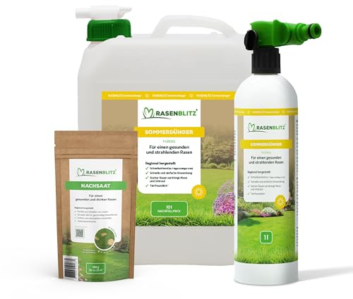 RASENBLITZ Rasendünger Sommer flüssig 10 L – flüssiger Rasendünger für starken Rasen trotz Hitze – inkl. 500 g Nachsaat & Sprühflasche – Ergänzung zu Rasensamen – Anwendung direkt am Gartenschlauch