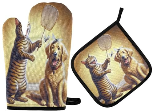 2 pezzi Presine E Guanti Da Forno Funny Cat And Dog Cute Guanti Da Forno A Microonde Divertenti Guanti Da Cucina Per Cucina, Cucinare, Microonde