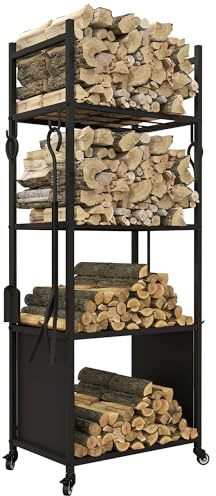 Outsunny Chariot range bûches intérieur, porte-bûches avec roulettes, 4 crochets, 4 outils de cheminée et 4 étagères grande capacité charge 60 kg métal, support de stockage de bois 45x30x118cm noir