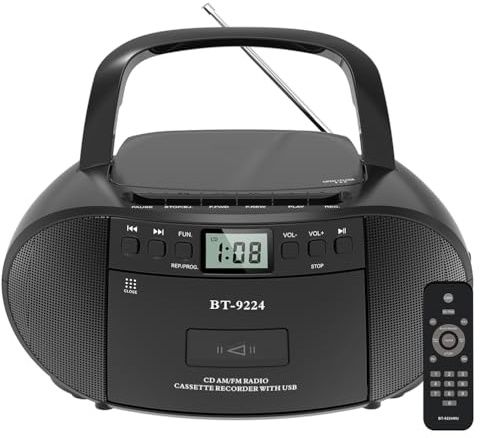 Tragbarer Bluetooth-Lautsprecher mit CD, Kassette, AM/FM-Radio, USB-Wiedergabe, Fernbedienung, Wechselstrom/Batteriebetrieb und Kopfhöreranschluss für Musikwiedergabe