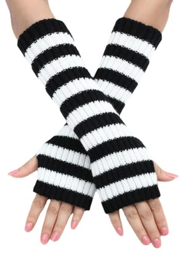 IHLOOTD Armstulpen Gestreift Y2K Handstulpen Damen Stricken Stulpen Damen Arm Punk Gothic Lange Fingerlose Arm Warmers Pulswärmer für Winter Karneval