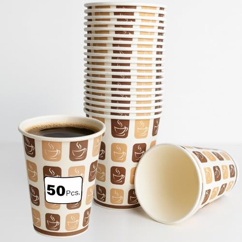 50pc 12oz Hot/Cold Paper Cups Eco Friendly Biodegradable Paper Cups – Responsibly Sourced, Leak Resistant and Durable for Hot and Cold Drinks, Perfect for Coffee, Tea, and Parties