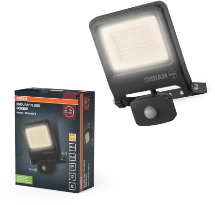 Osram ENDURA Projecteur LED Extérieur avec Capteur, 50W, 5000lm, 3000K | ENDURA® Flood Sensor Warm White PCR, Stand Luminaire and Ceiling Floodlight, Gris foncé, 30000 h, pack de 1