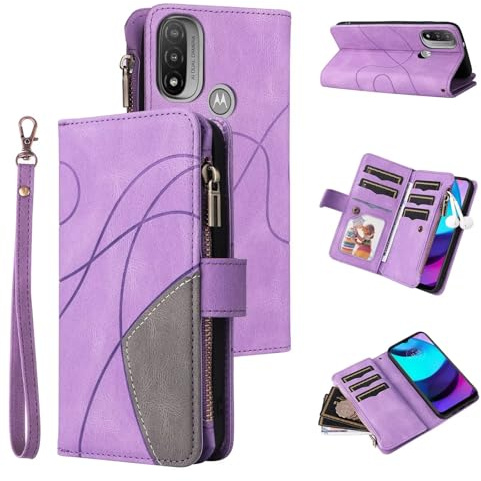 Funda para Motorola Moto E20/E30/E40, Estilo Retro, con Cremallera, Piel sintética, Suave, Cierre magnético, 9 Tarjetero, función Atril, Cartera con Correa, Púrpura