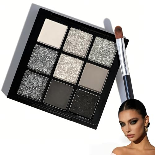 9 Farben-Lidschattenpalette in Schwarz und Grau,Hochpigmentierte Glitzer Lidschatten Palette mit Matte & Schimmer-Effekten,Wasserdicht und Langanhaltend,Schwarz-Graue Augen Make up Palette
